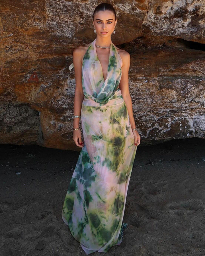 Sybil | Elegant Halter Backless Tie Dye Maxi Dress