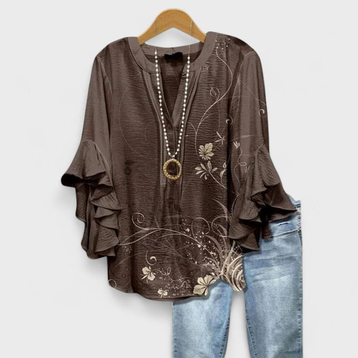 Rosanna | Elegant V-Neck Floral Print Ruffle Sleeve Blouse