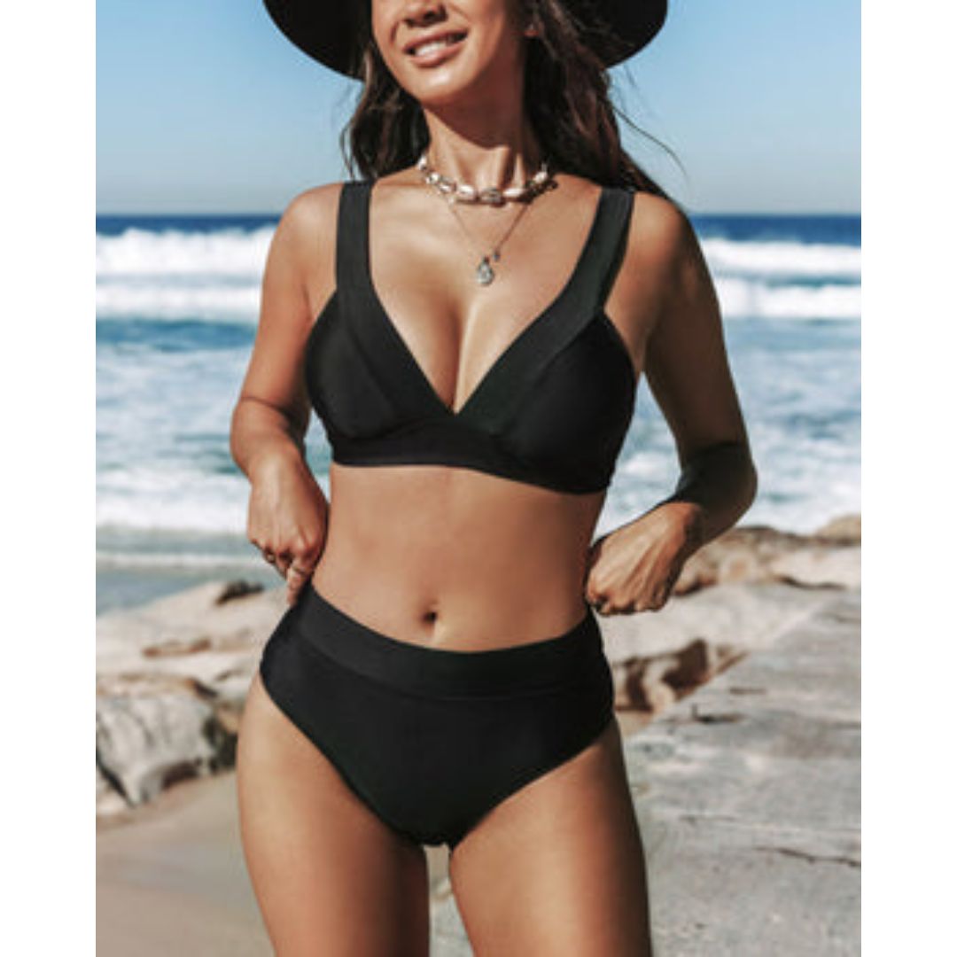 Margot | Elegant V-Neck High Waisted Black Bikini Set