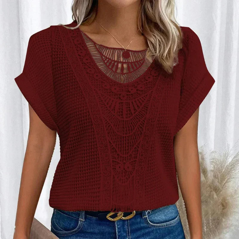 Anna | Chic Waffle Knit Top With Lace Detail And Short Sleeves