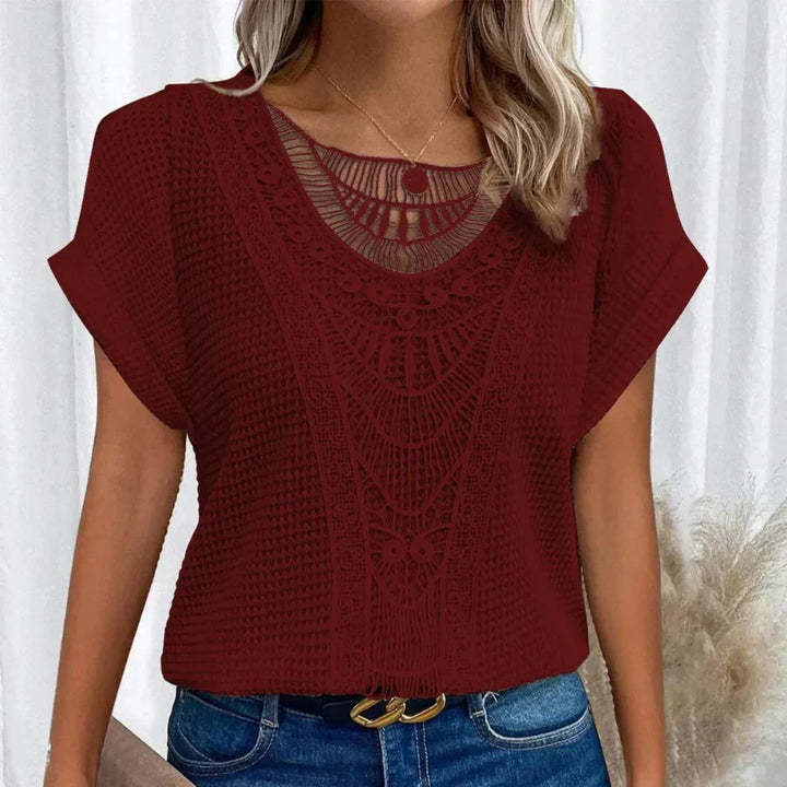 Anna | Chic Waffle Knit Top With Lace Detail And Short Sleeves
