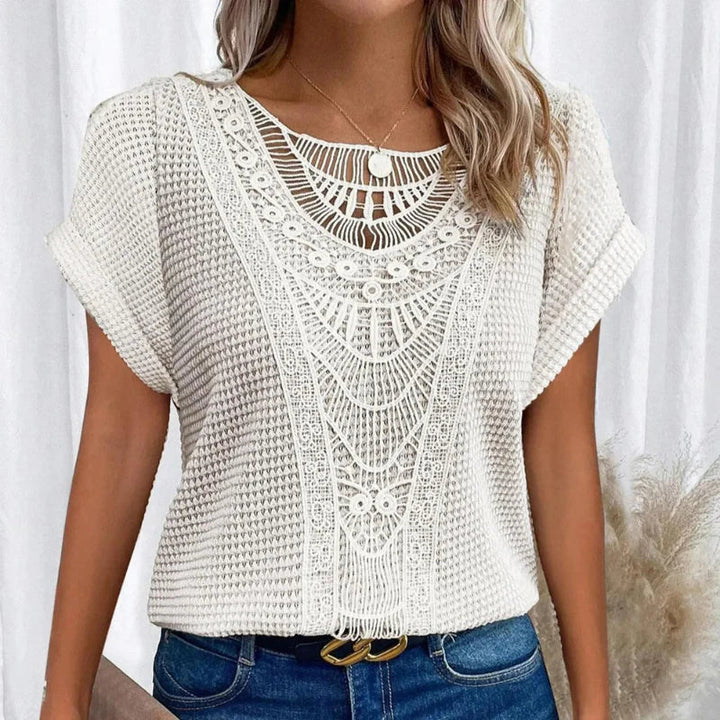Anna | Chic Waffle Knit Top With Lace Detail And Short Sleeves