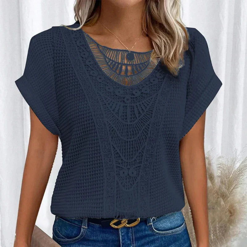 Anna | Chic Waffle Knit Top With Lace Detail And Short Sleeves