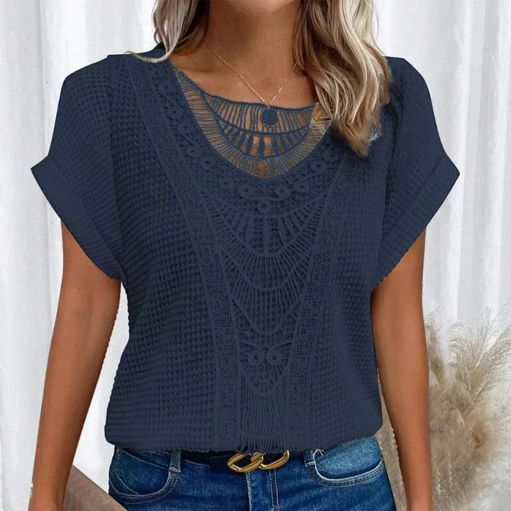Anna | Chic Waffle Knit Top With Lace Detail And Short Sleeves