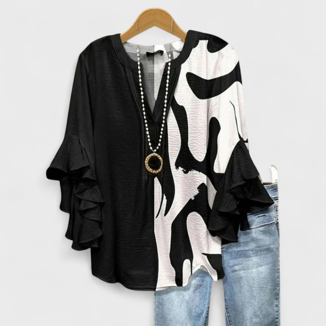 Rosanna | Elegant V-Neck Floral Print Ruffle Sleeve Blouse