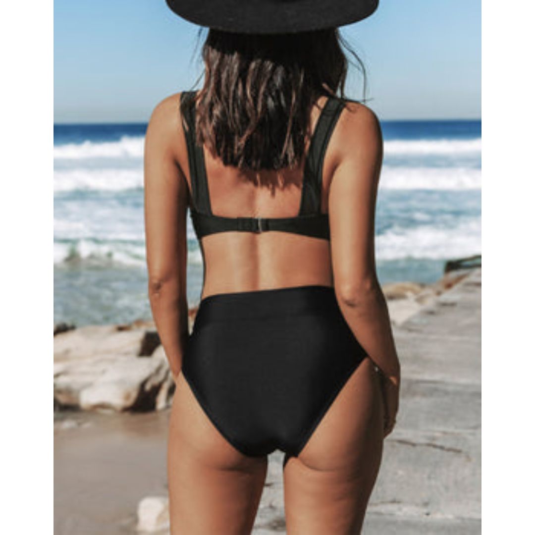 Margot | Elegant V-Neck High Waisted Black Bikini Set