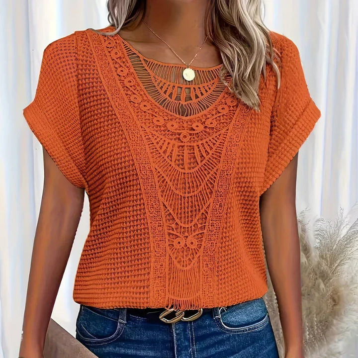 Anna | Chic Waffle Knit Top With Lace Detail And Short Sleeves