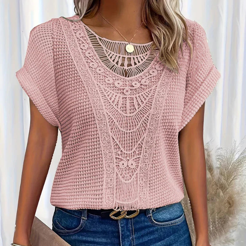 Anna | Chic Waffle Knit Top With Lace Detail And Short Sleeves