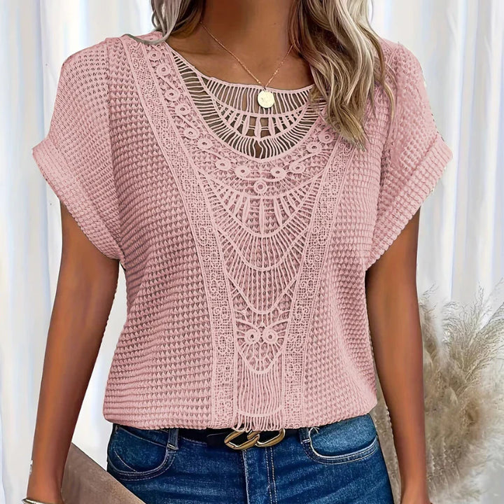 Anna | Chic Waffle Knit Top With Lace Detail And Short Sleeves