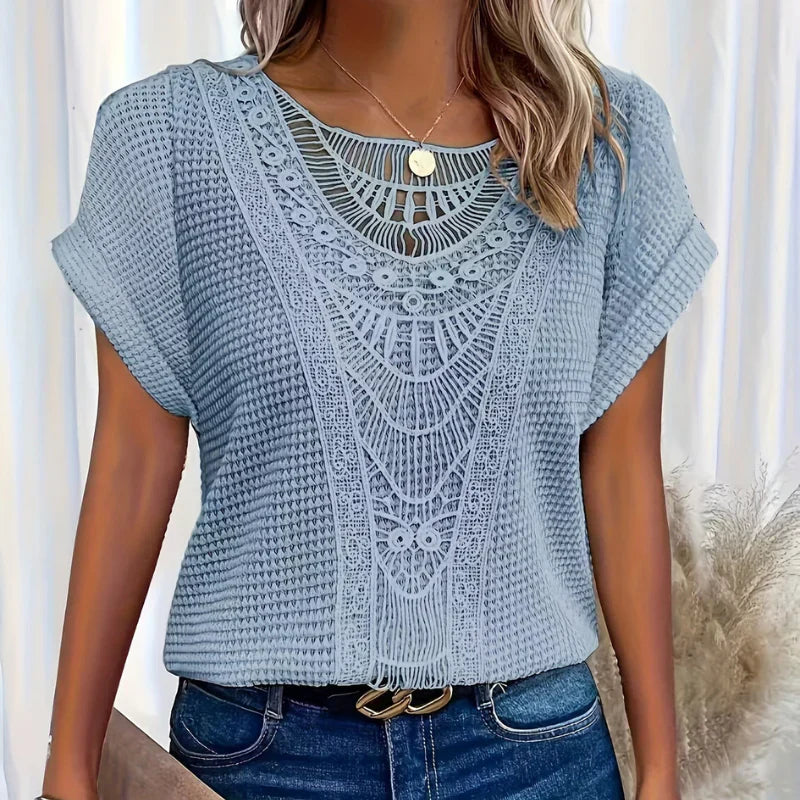 Anna | Chic Waffle Knit Top With Lace Detail And Short Sleeves