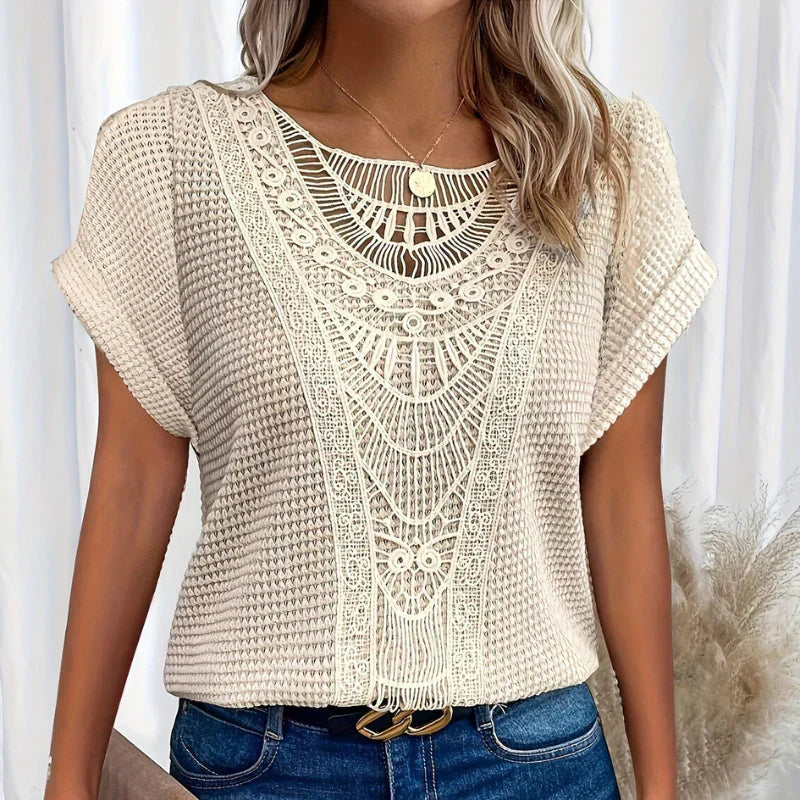 Anna | Chic Waffle Knit Top With Lace Detail And Short Sleeves