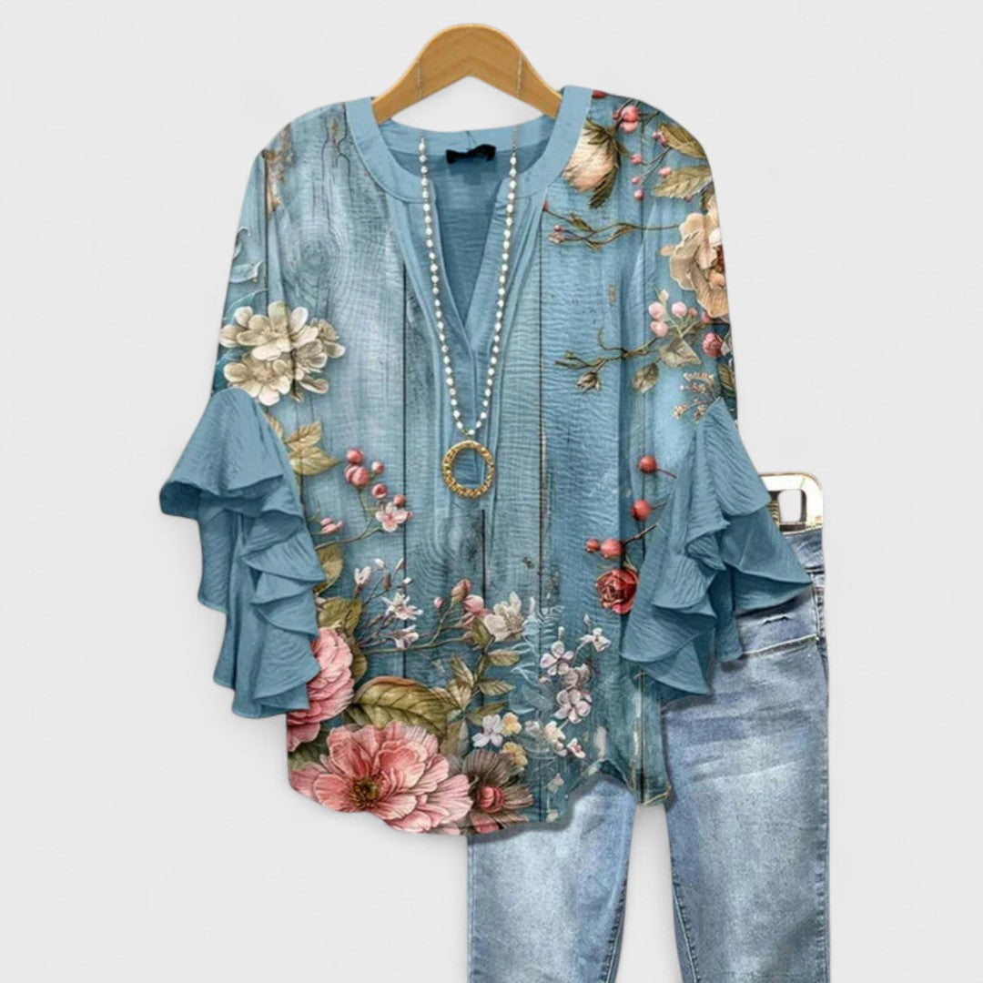 Rosanna | Elegant V-Neck Floral Print Ruffle Sleeve Blouse