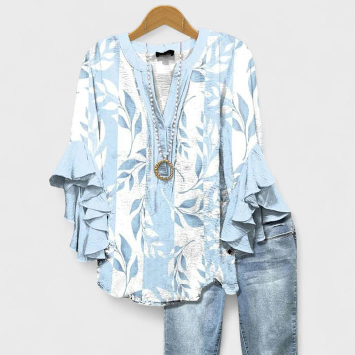 Rosanna | Elegant V-Neck Floral Print Ruffle Sleeve Blouse