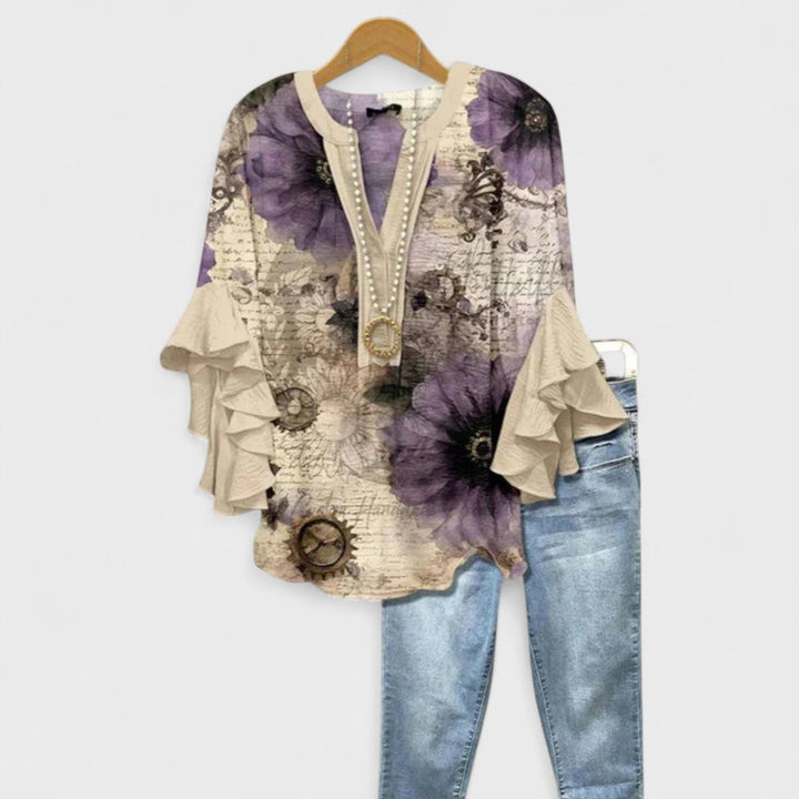 Rosanna | Elegant V-Neck Floral Print Ruffle Sleeve Blouse