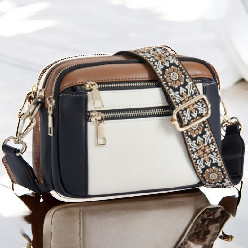 Phoebe | Elegant White Leather Crossbody Bag With Embroidered Strap