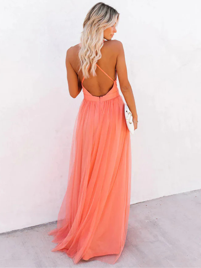Elise | Elegant Halter V-Neck Tulle Maxi Dress