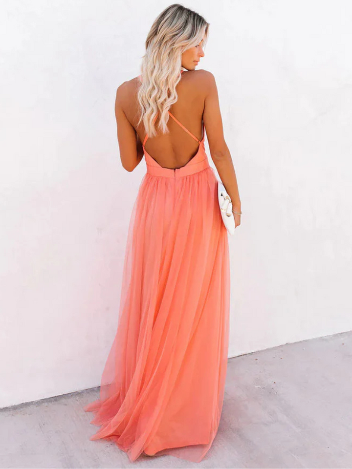 Elise | Elegant Halter V-Neck Tulle Maxi Dress
