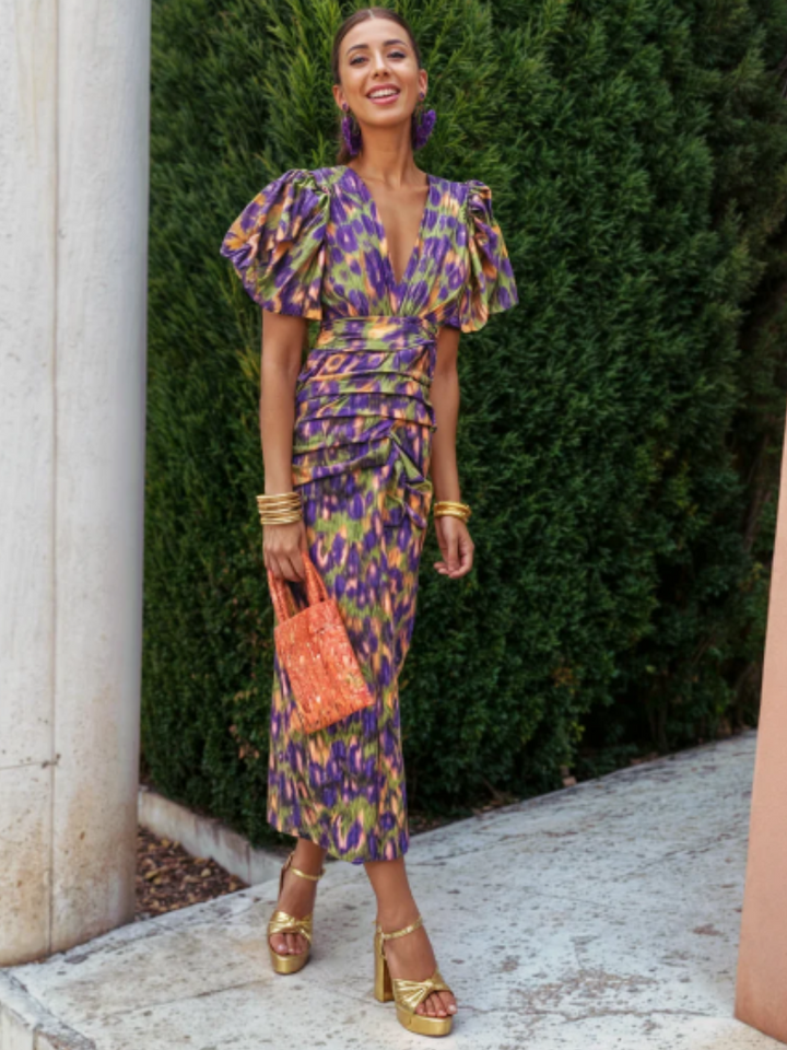 Lucy | Elegant Ruched V-Neck Puff Sleeve Midi Dress
