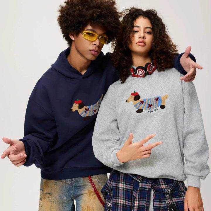 Evy | Stylish Oversized Dachshund Embroidered Hoodie With Kangaroo Pocket