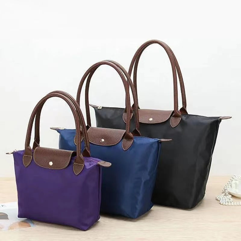 Allegra | Chic Black Tote Bag With Brown Leather Trim