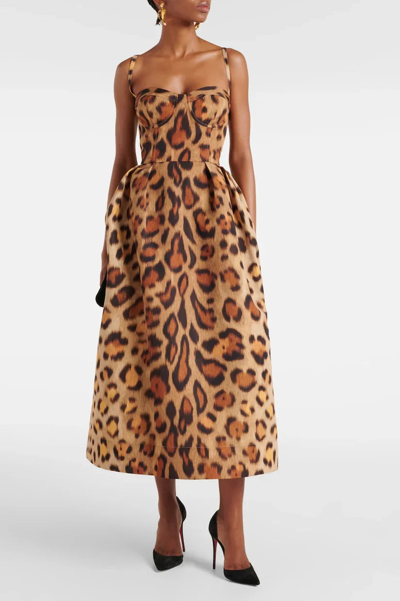 Valentina | Chic Leopard Print Bustier Midi Dress