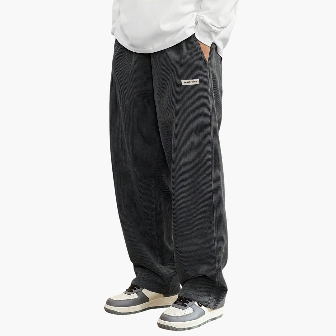 Men's Black Wide Leg Corduroy Pants With Drawstring Waist
