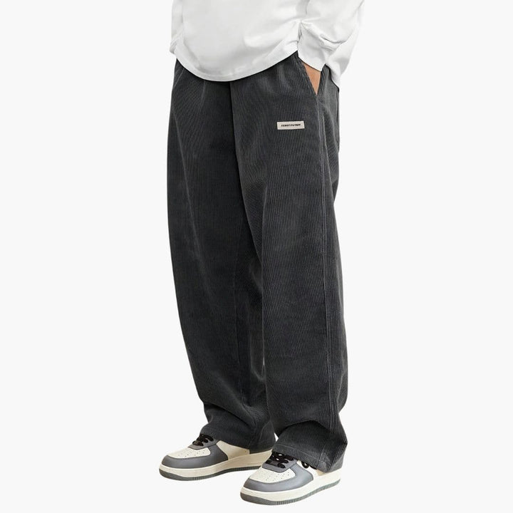 Men's Black Wide Leg Corduroy Pants With Drawstring Waist