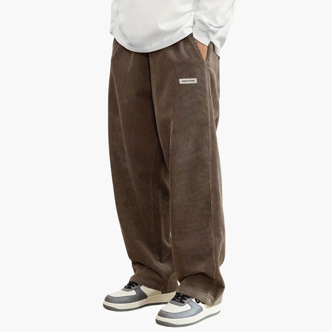 Men's Black Wide Leg Corduroy Pants With Drawstring Waist