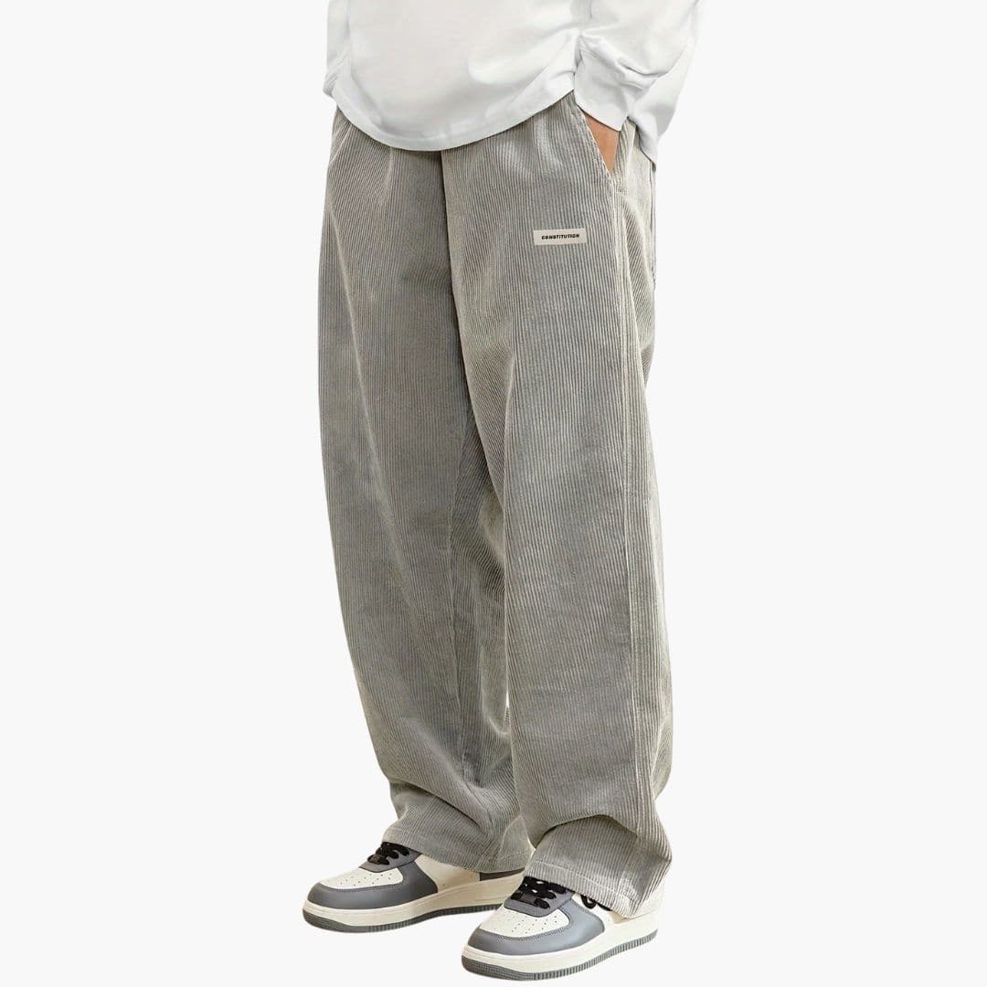 Men's Black Wide Leg Corduroy Pants With Drawstring Waist