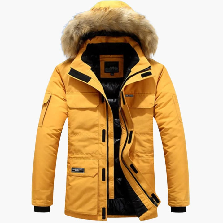 Men's Quilted Parka With Faux Fur Hood And Multiple Pockets