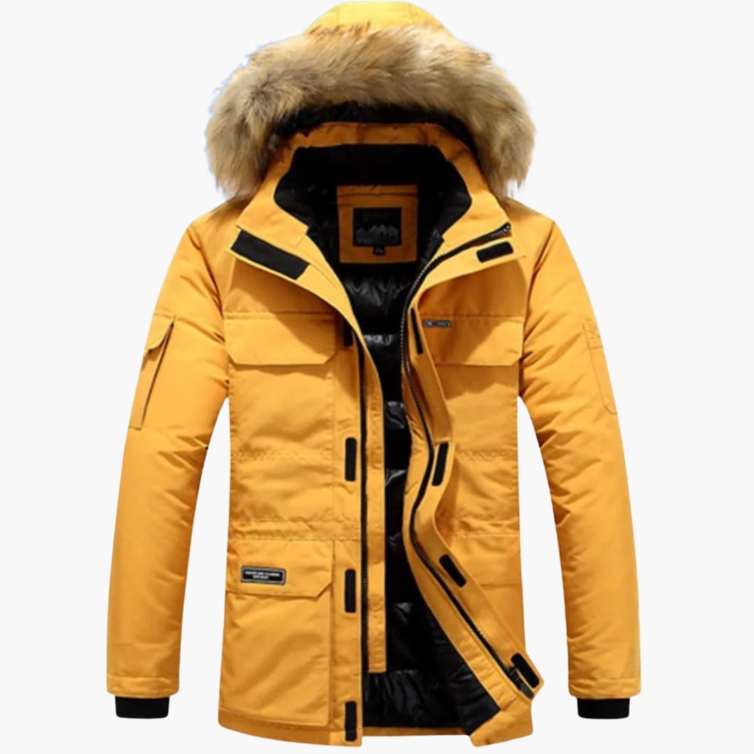 Men's Quilted Parka With Faux Fur Hood And Multiple Pockets