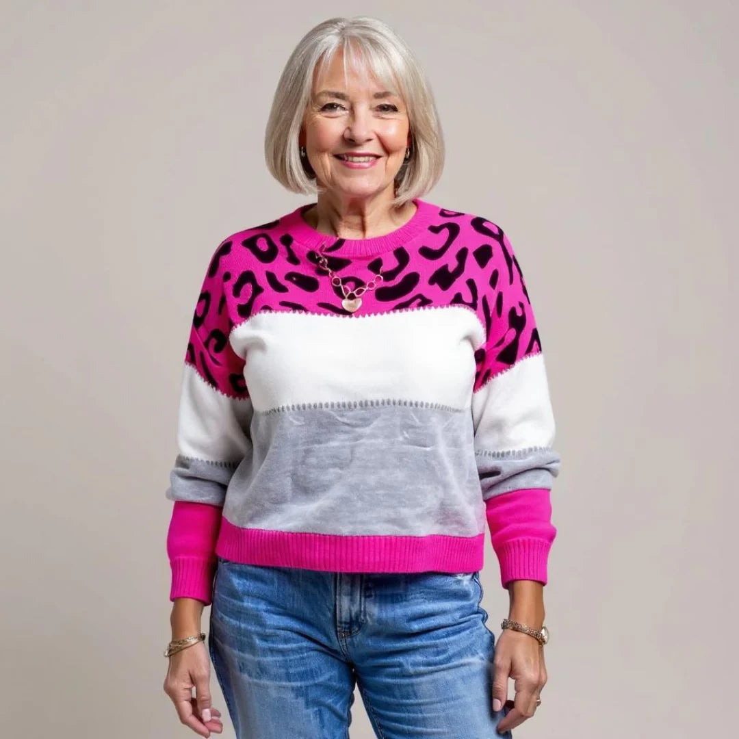 Pascalina | Stylish Leopard Print Colorblock Crew Neck Sweater
