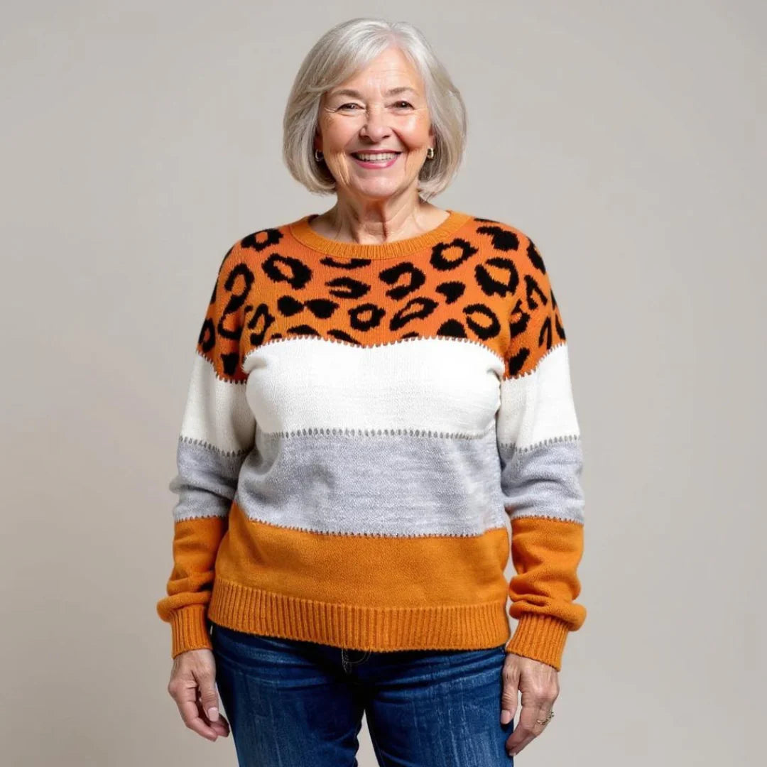 Pascalina | Stylish Leopard Print Colorblock Crew Neck Sweater