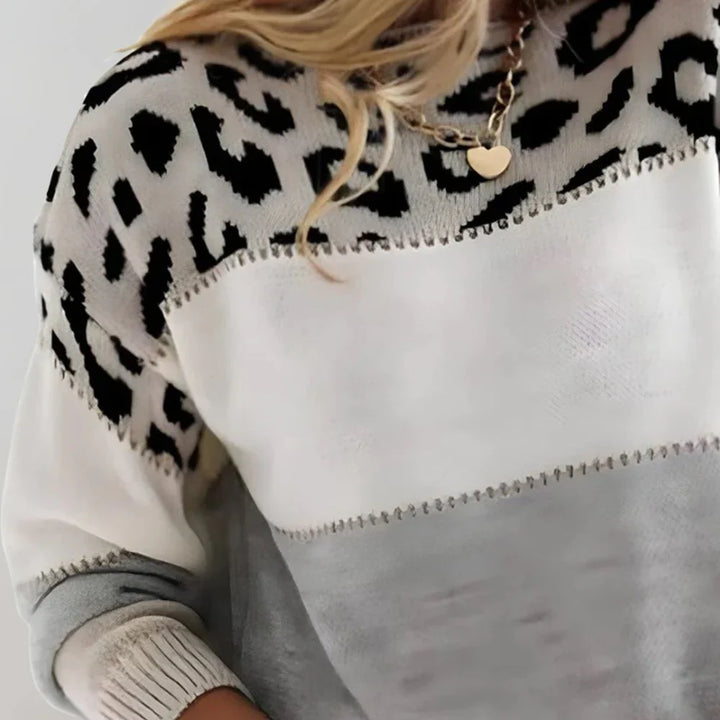 Pascalina | Stylish Leopard Print Colorblock Crew Neck Sweater