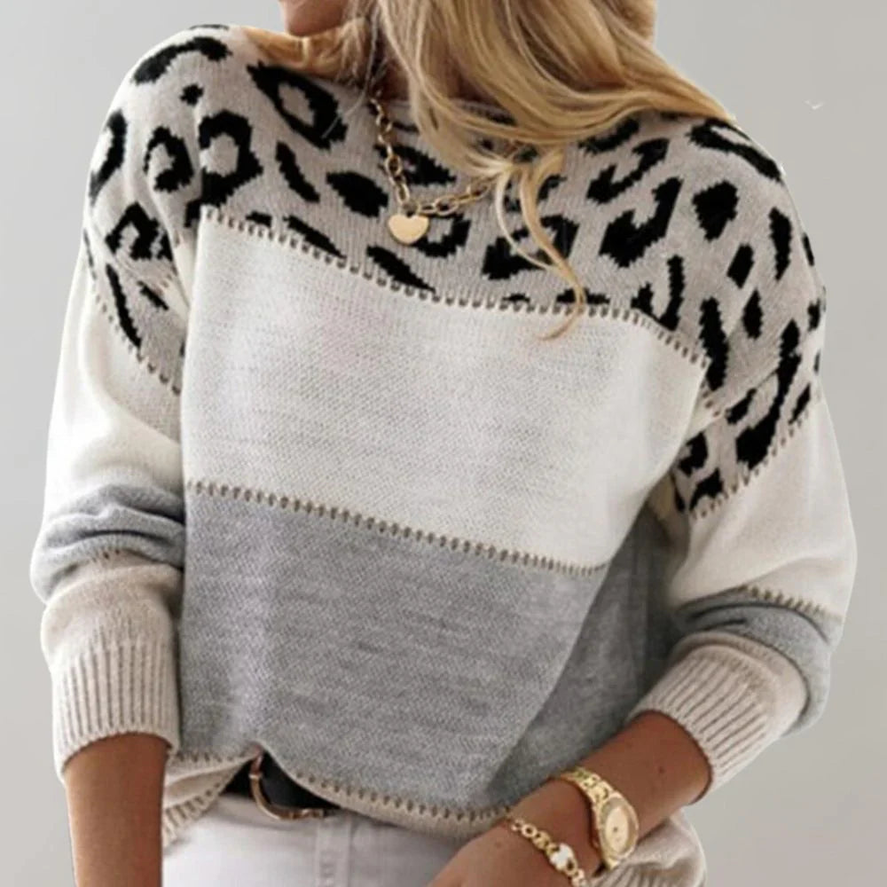 Pascalina | Stylish Leopard Print Colorblock Crew Neck Sweater