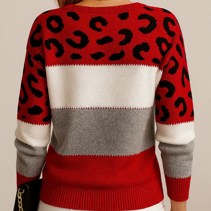 Pascalina | Stylish Leopard Print Colorblock Crew Neck Sweater
