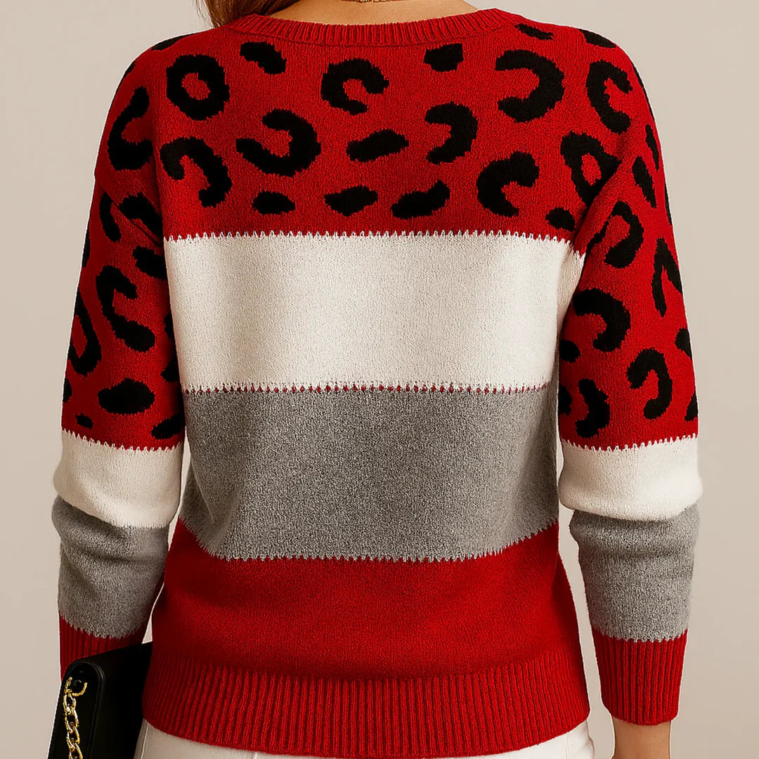 Pascalina | Stylish Leopard Print Colorblock Crew Neck Sweater