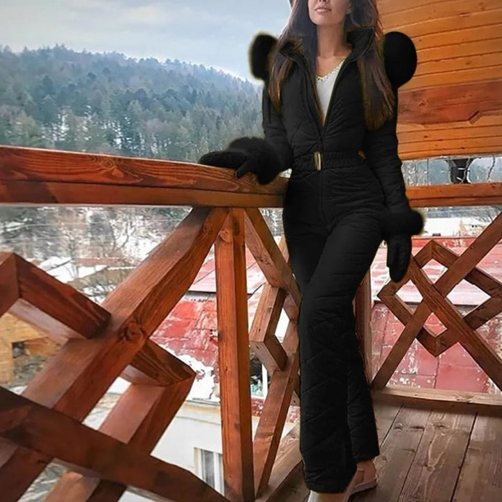 Bree | Chic Pink Quilted One-Piece Ski Suit With Fur Trim Hood