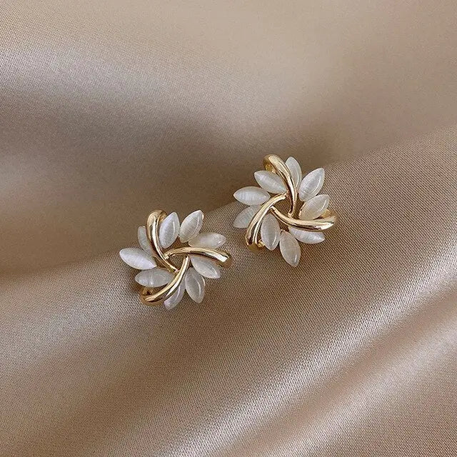 Eloise | Elegant Gold Leaf White Opal Stud Earrings
