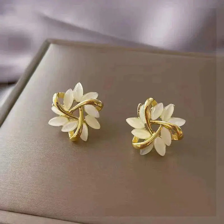 Eloise | Elegant Gold Leaf White Opal Stud Earrings