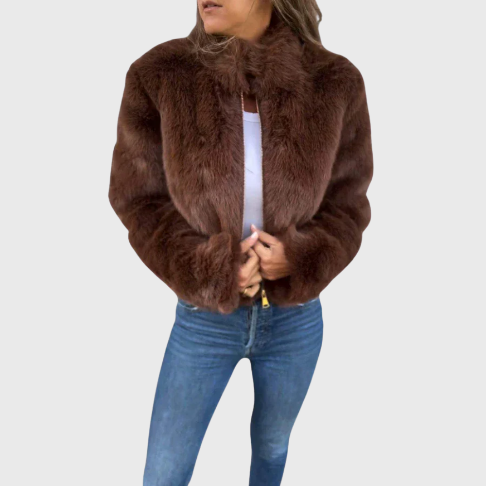 Iris | Chic Brown Faux Fur Teddy Jacket With Zip Front