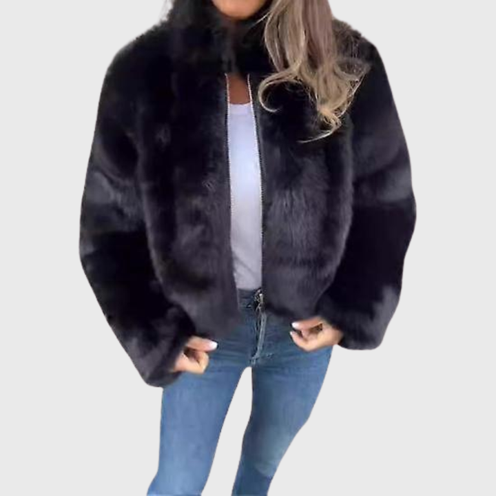 Iris | Chic Brown Faux Fur Teddy Jacket With Zip Front