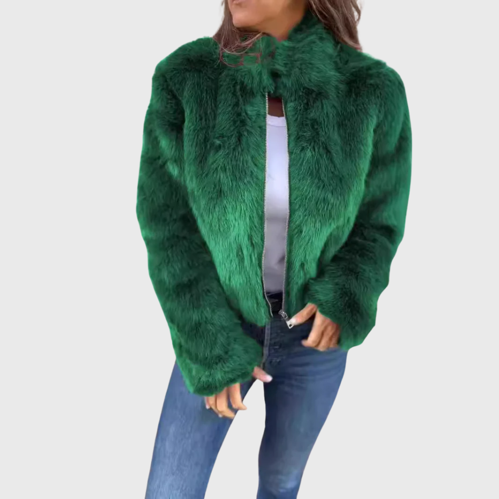 Iris | Chic Brown Faux Fur Teddy Jacket With Zip Front