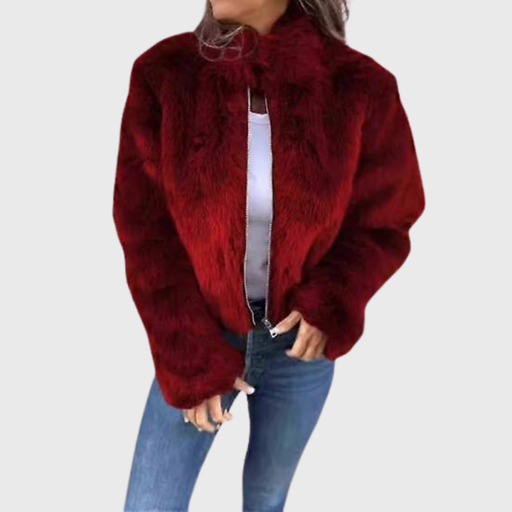 Iris | Chic Brown Faux Fur Teddy Jacket With Zip Front