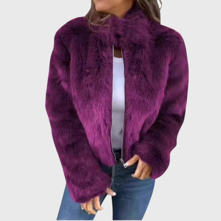 Iris | Chic Brown Faux Fur Teddy Jacket With Zip Front
