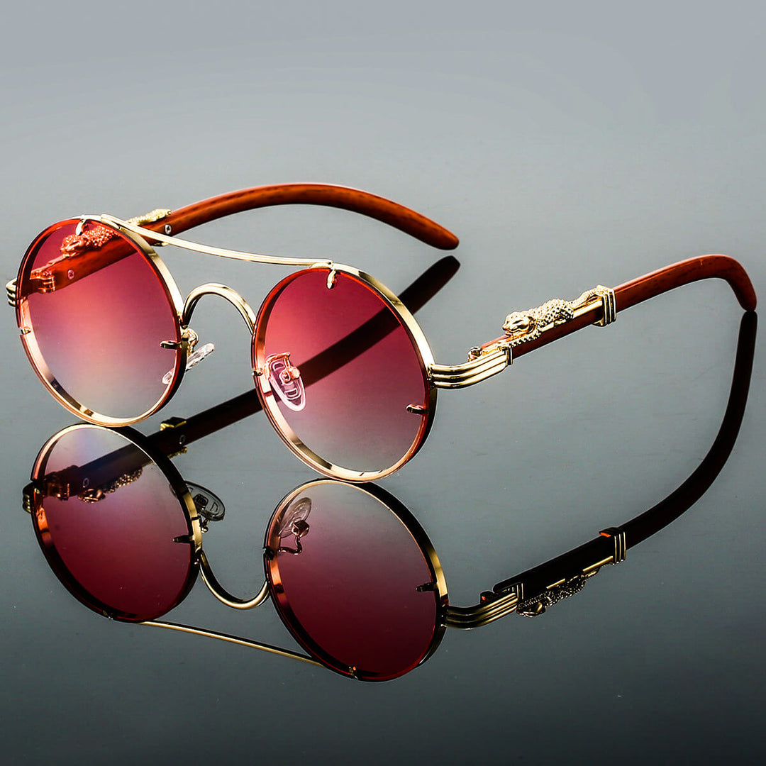 Indira | Vintage Round Blue Lens Sunglasses With Gold Frame