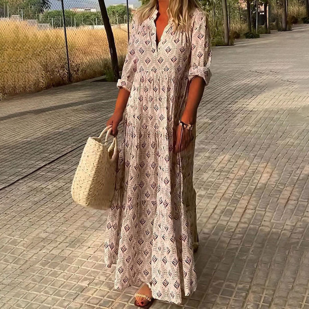 Margot | Bohemian V-Neck Tiered Maxi Dress With Three Quarter Sleeves