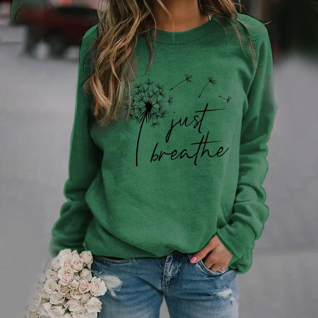 Eloise | Stylish 'Just Breathe' Crewneck Dandelion Print Sweatshirt
