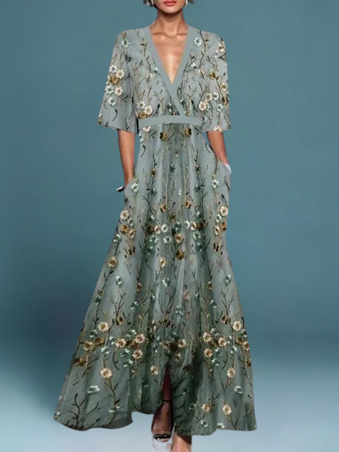 Evelyn | Elegant V-Neck Floral Embroidered Maxi Dress