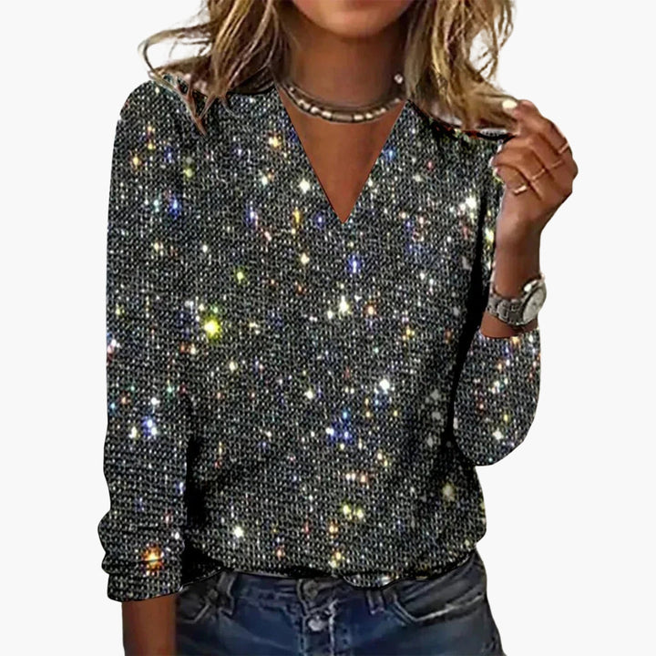 Freya | Chic V-Neck Sequin Top With Long Sleeves